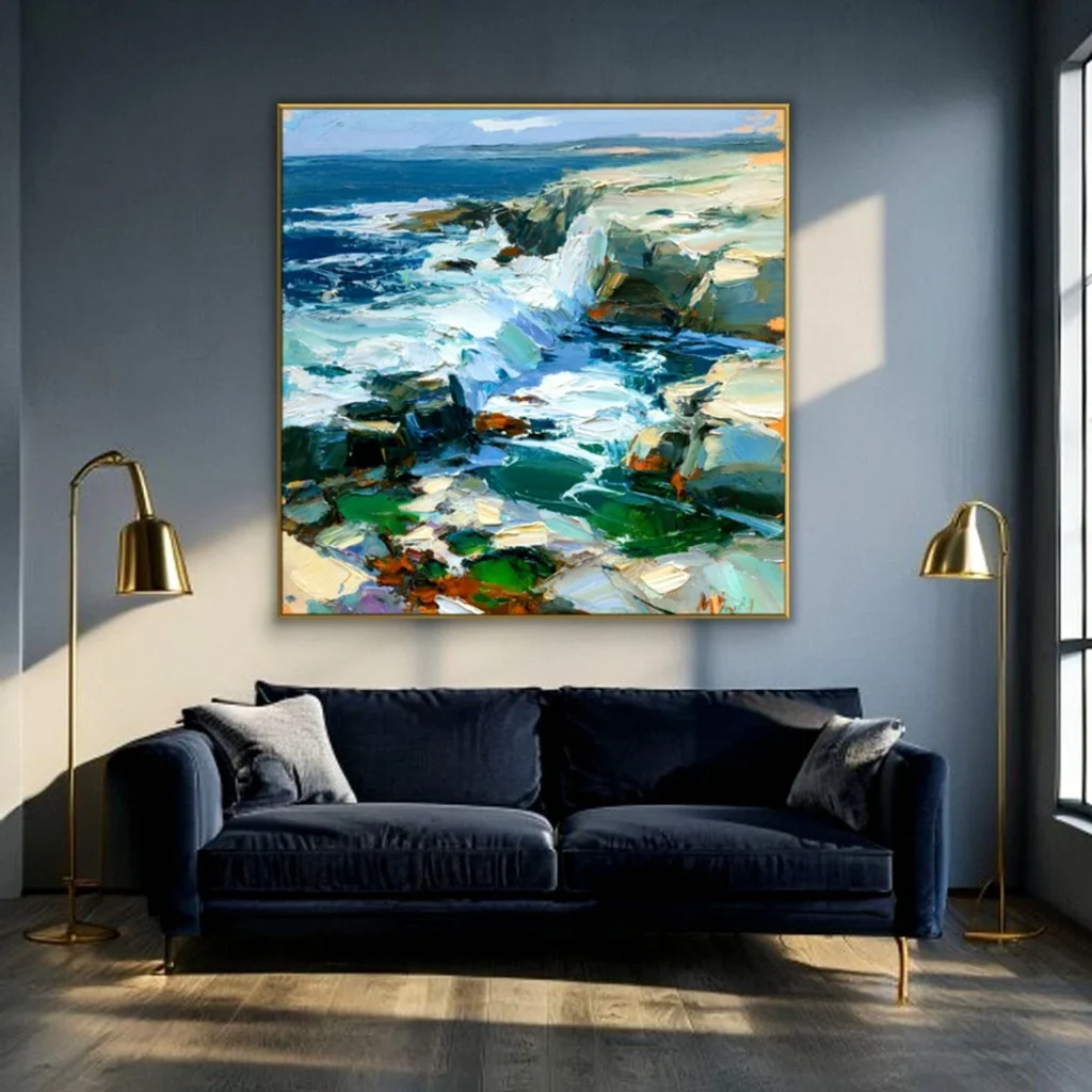 Waves over green coastal rocks impressionist oil in a moody living room