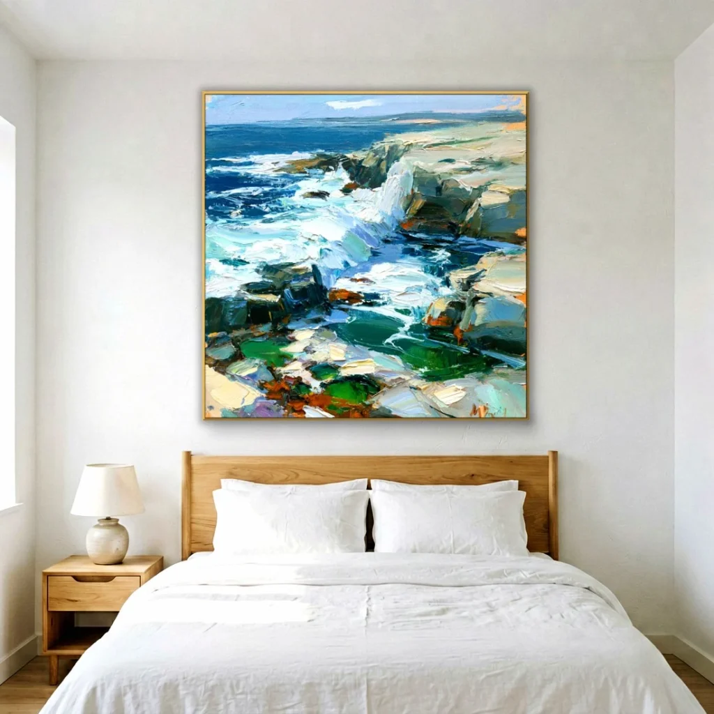 Waves over green coastal rocks impressionist oil in a bright bedroom