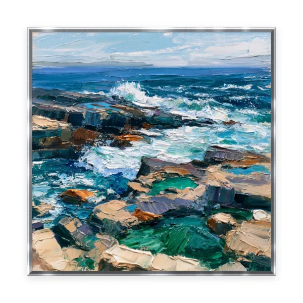 A large square impressionist painting of a white wave breaking over warm tan and green coastal rocks beneath a deep blue sea, in thick palette-knife strokes capturing the moving foam