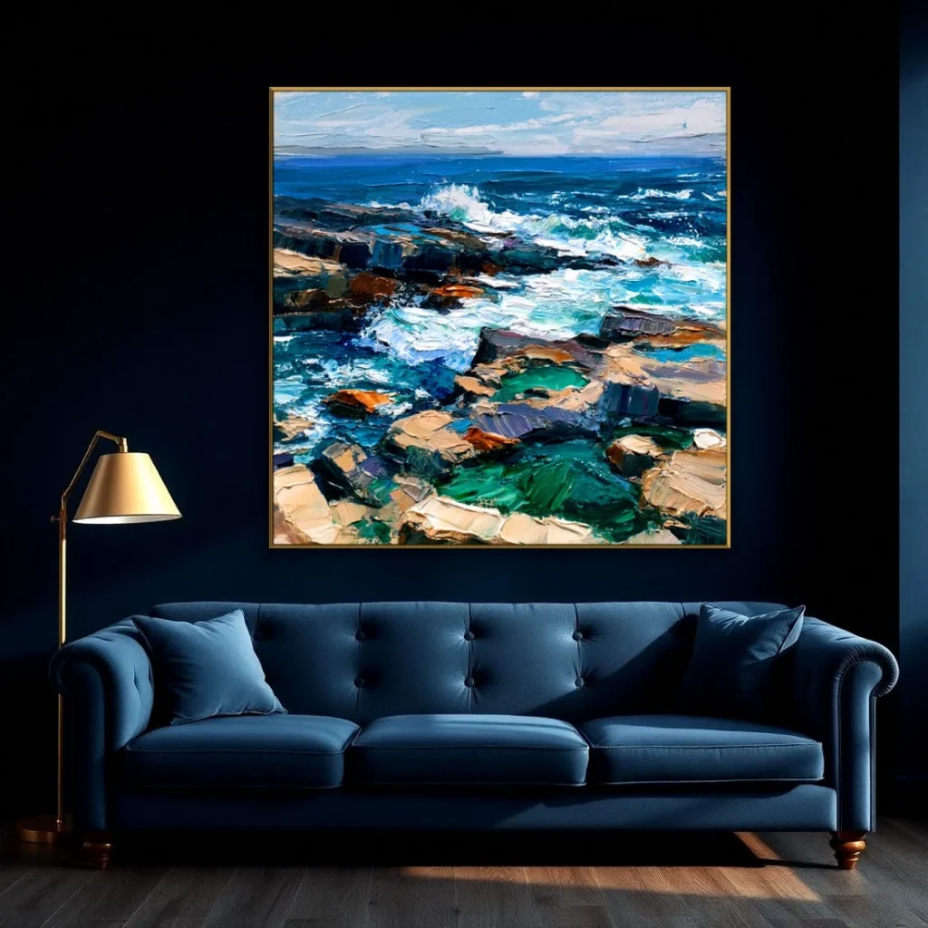 Surf breaking on coastal rocks impressionist oil in a moody living room