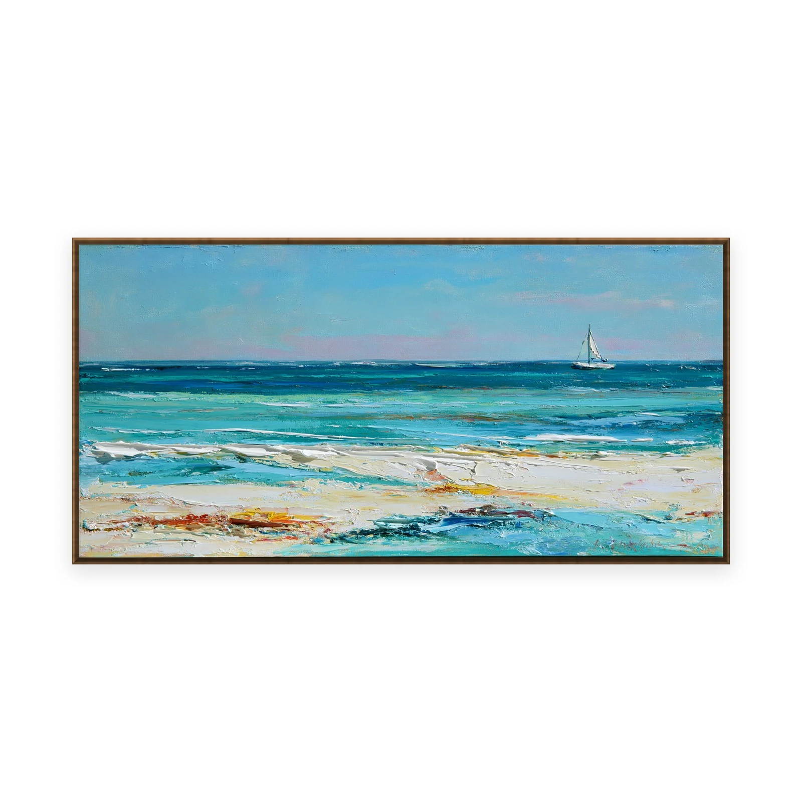 An oversized horizontal impressionist painting of a single white sailboat on a calm turquoise sea beyond a pale sandy beach, in soft loose palette-knife strokes with bright light