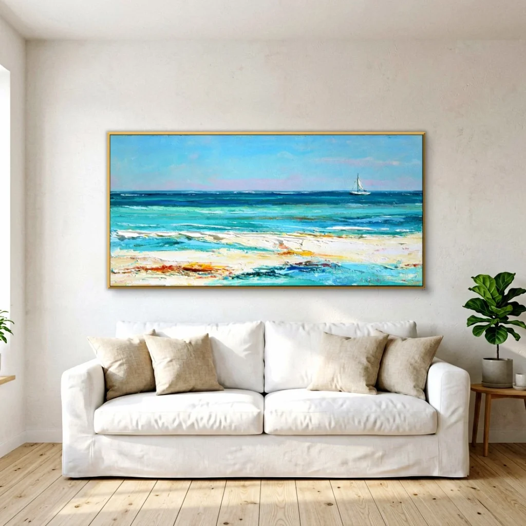 Calm turquoise sea and sailboat impressionist in a bright living room
