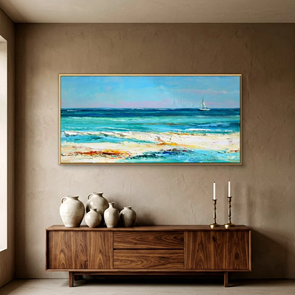 Calm turquoise sea and sailboat impressionist in a dining room