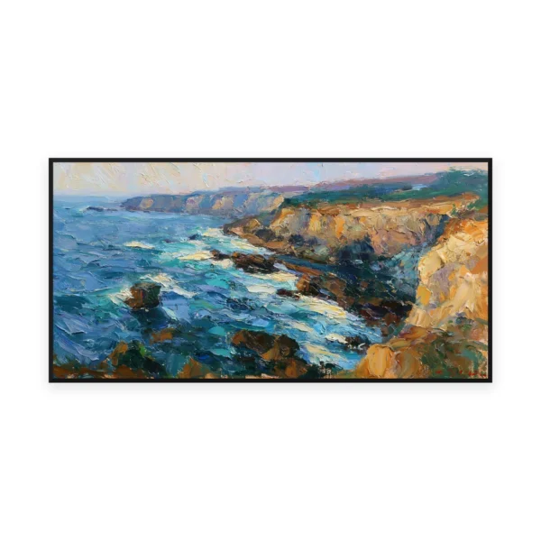 An oversized horizontal impressionist painting of rugged coastal cliffs dropping to a churning blue sea, in thick palette-knife strokes shaping the headland and white breaking surf
