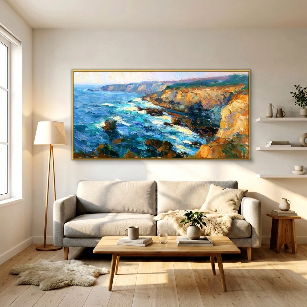 Rugged coastal cliffs over the sea impressionist in a bright living room
