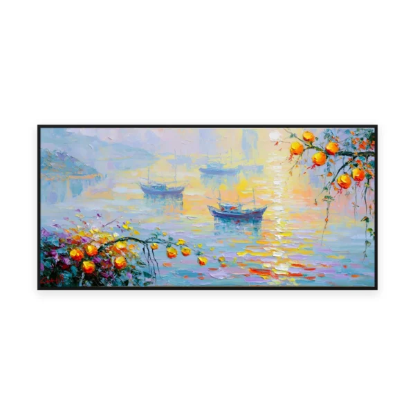 An oversized horizontal impressionist painting of boats on a glowing golden sea at dawn, with a flowering branch framing the calm reflective horizon in soft palette-knife strokes