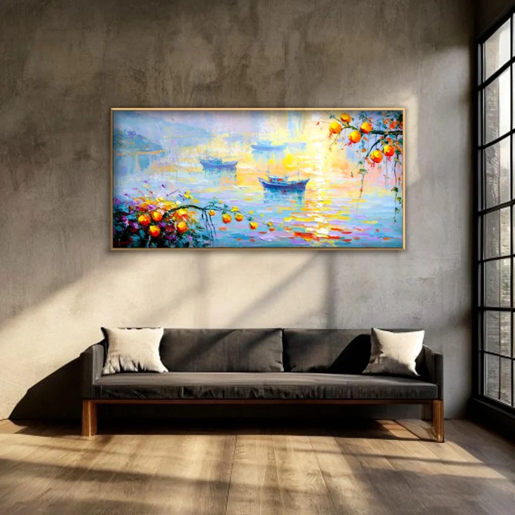 Boats on a glowing golden sea impressionist in a moody living room