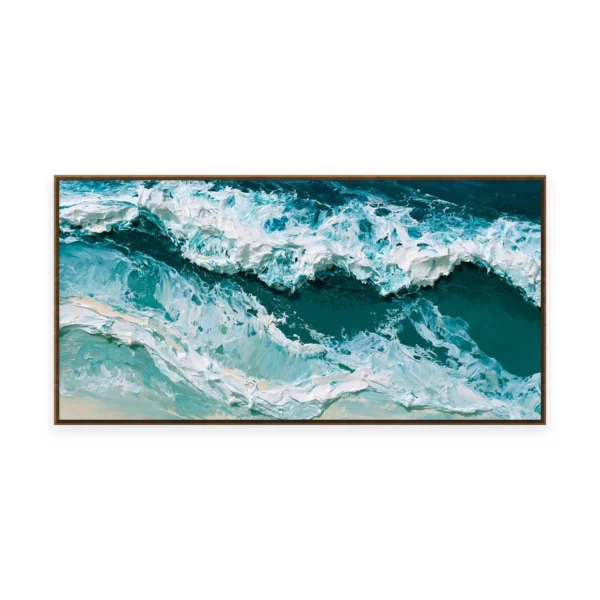 An oversized horizontal impressionist painting of a turquoise ocean wave curling and breaking into white foam, in thick palette-knife strokes building the moving water and spray