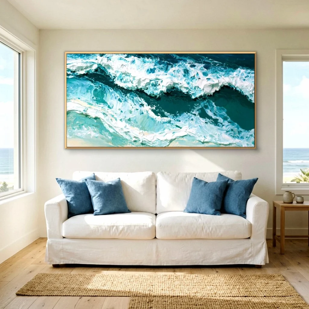 Breaking turquoise sea wave impressionist oil in a bright living room
