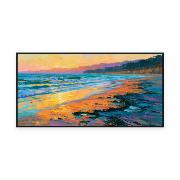 An oversized horizontal impressionist painting of golden sunset light pooling across wet sand and gentle surf, in warm palette-knife strokes catching the glowing reflections