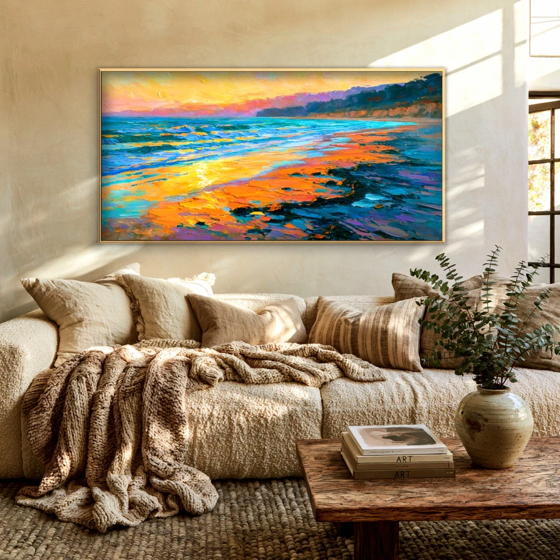 Golden sunset tide on the shore impressionist in a cozy living room