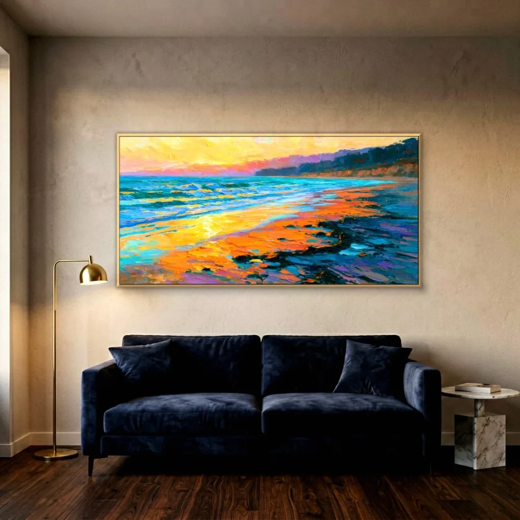 Golden sunset tide on the shore impressionist in a moody living room