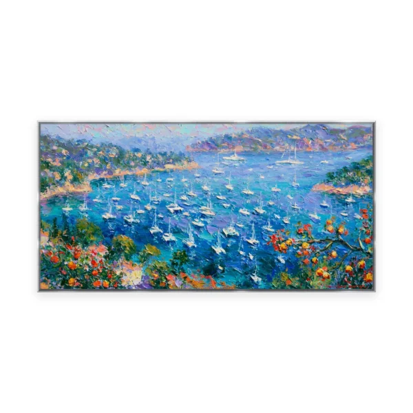 An oversized horizontal impressionist painting of a sparkling blue bay filled with white sailboats below flowered hills, in lively palette-knife strokes with bright foreground blooms