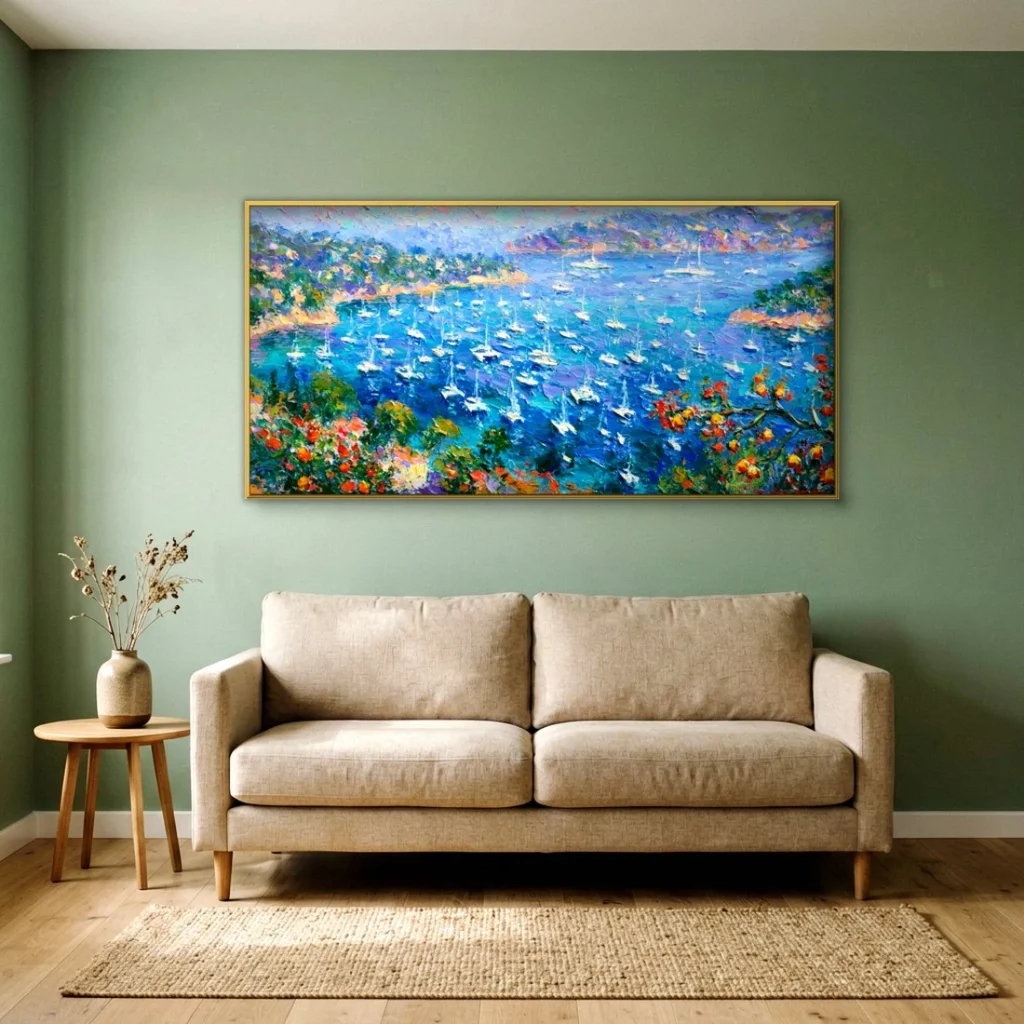 Sailboats in a flowered blue bay impressionist in an elegant living room
