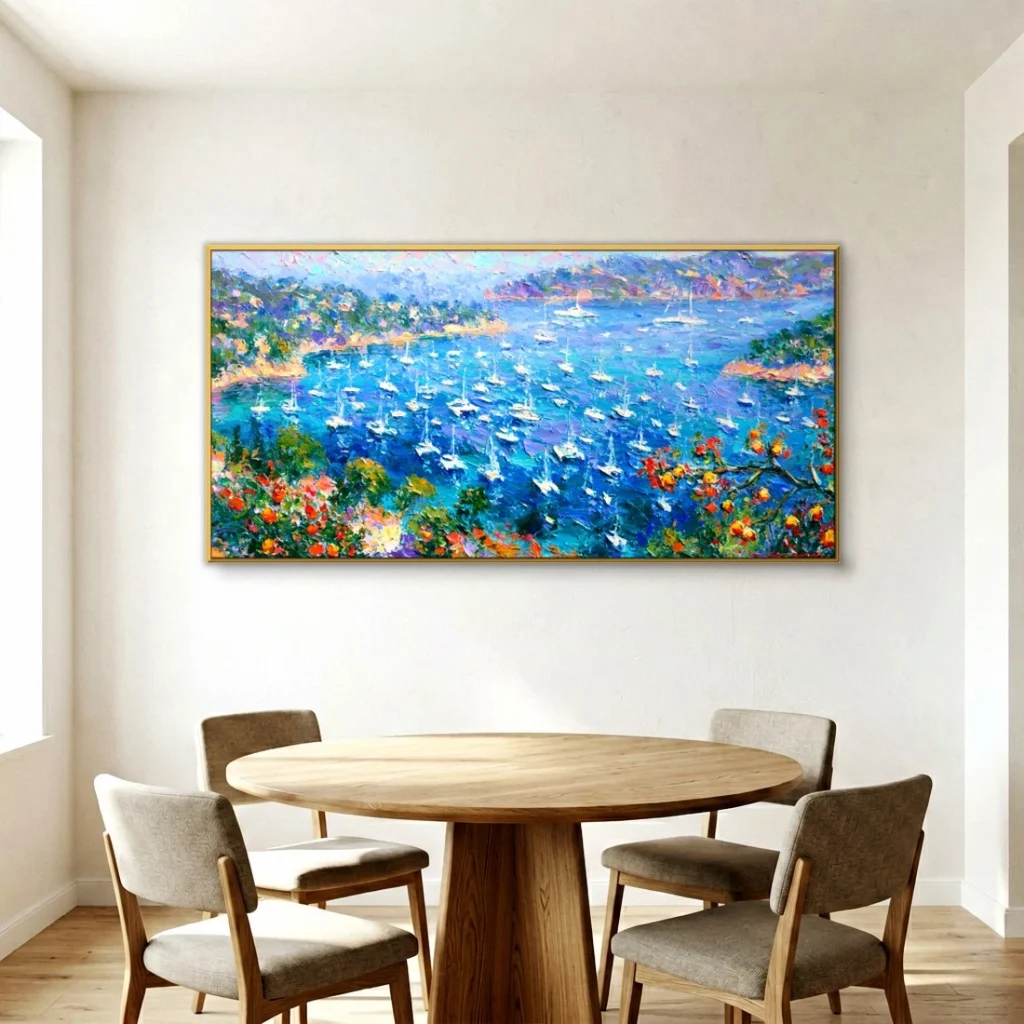 Sailboats in a flowered blue bay impressionist in a bright dining room