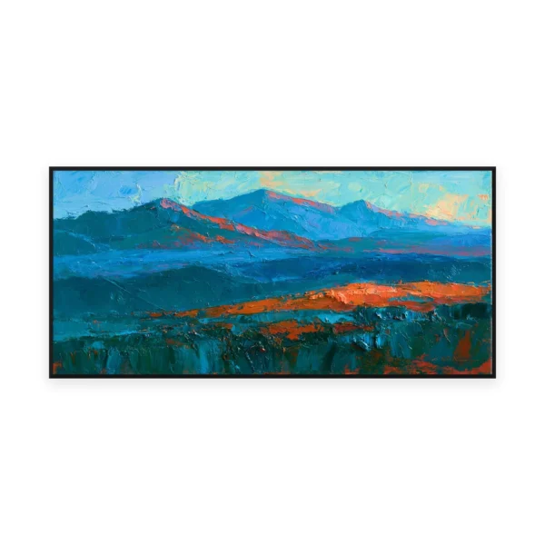 An oversized horizontal impressionist painting of a deep blue coastal headland edged with warm orange light meeting a calm sea, in bold layered palette-knife strokes
