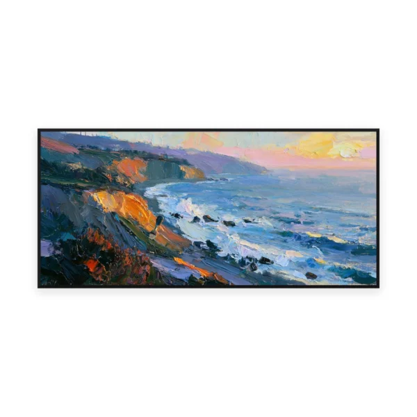 An oversized horizontal impressionist painting of warm sunset light catching a coastal cliff above a cool blue sea, in bold palette-knife strokes balancing glowing rock and calm water