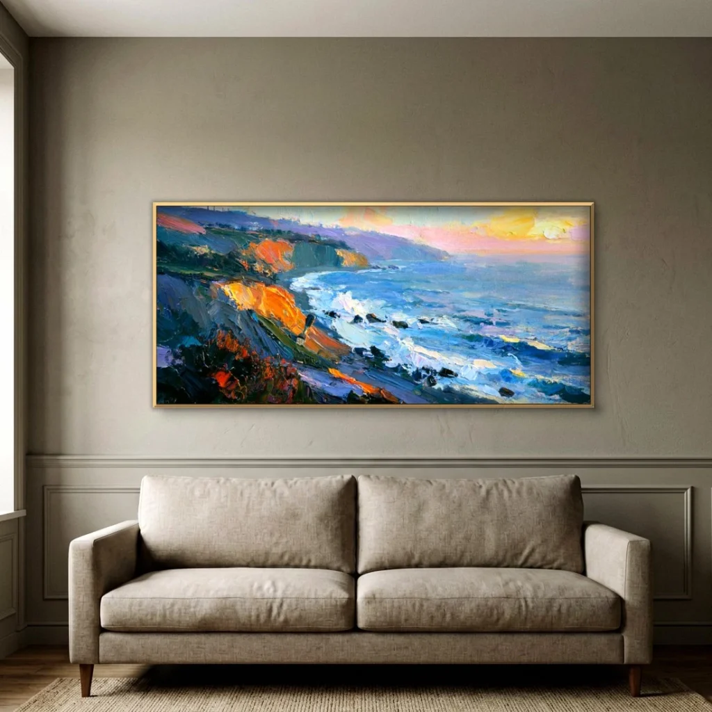 Sunset light on a coastal cliff impressionist in an elegant living room