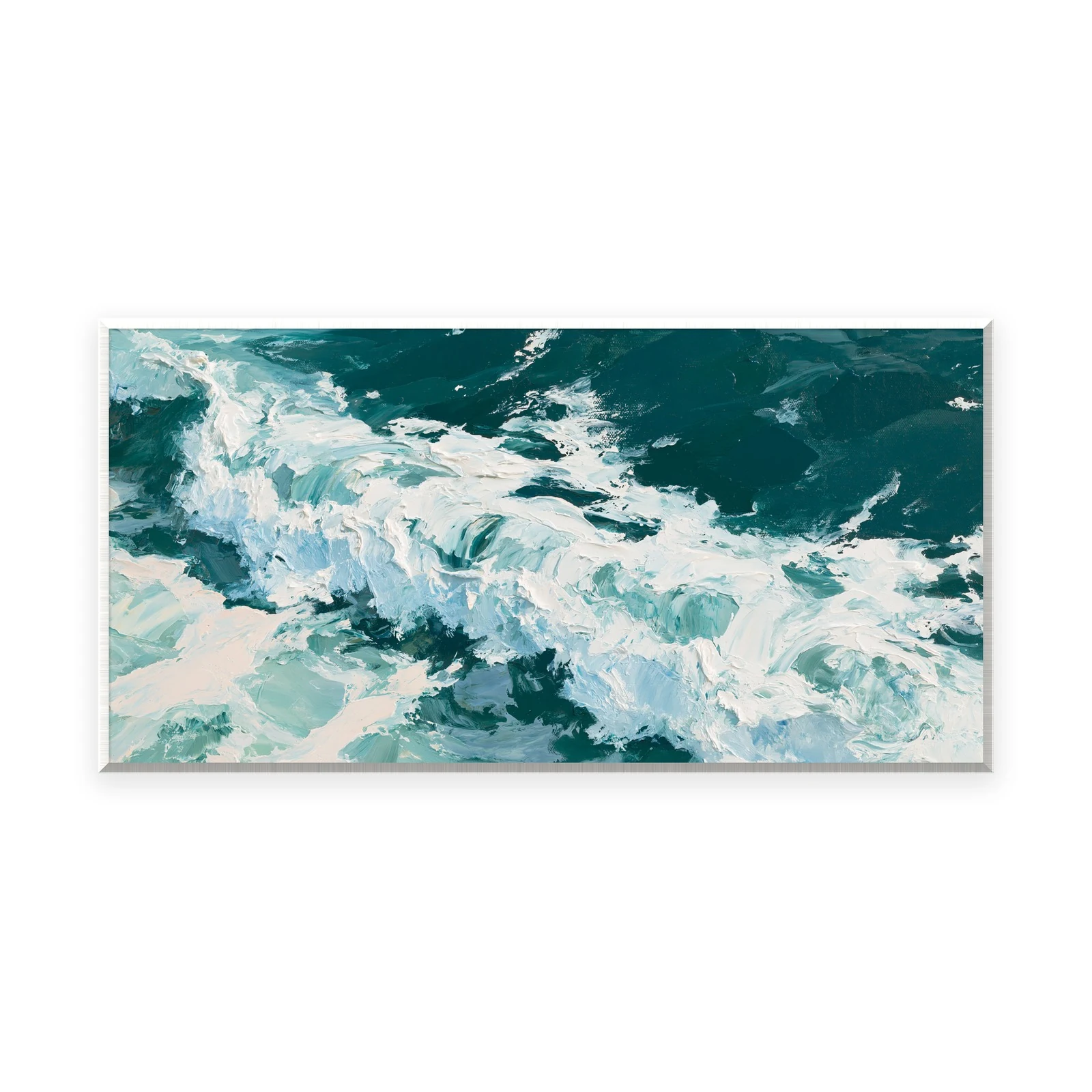 An oversized horizontal impressionist painting of deep teal ocean waves churning into white foam, in thick palette-knife strokes building the dark moving water and bright spray