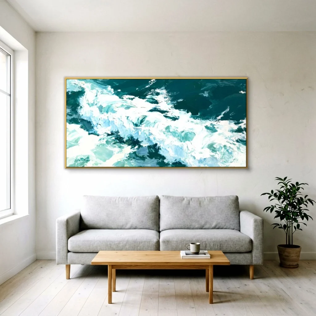 Foaming teal sea waves impressionist oil in a Scandinavian living room