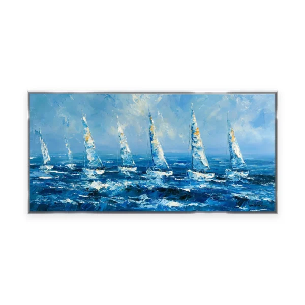An oversized horizontal impressionist painting of a line of white sailboats racing across a deep blue sea, in lively palette-knife strokes catching the wind, sails and sparkling water