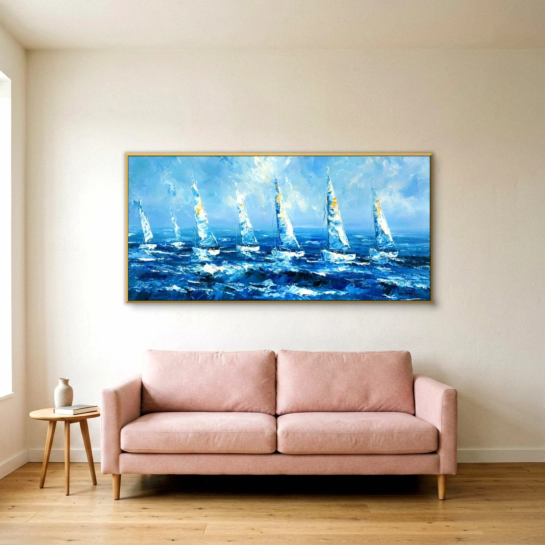White sailboats on a blue sea impressionist in a living room