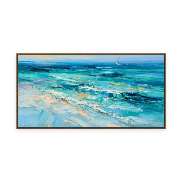 An oversized horizontal impressionist painting of a bright turquoise sea sparkling toward a distant sailboat, in lively palette-knife strokes catching the shifting light on the water