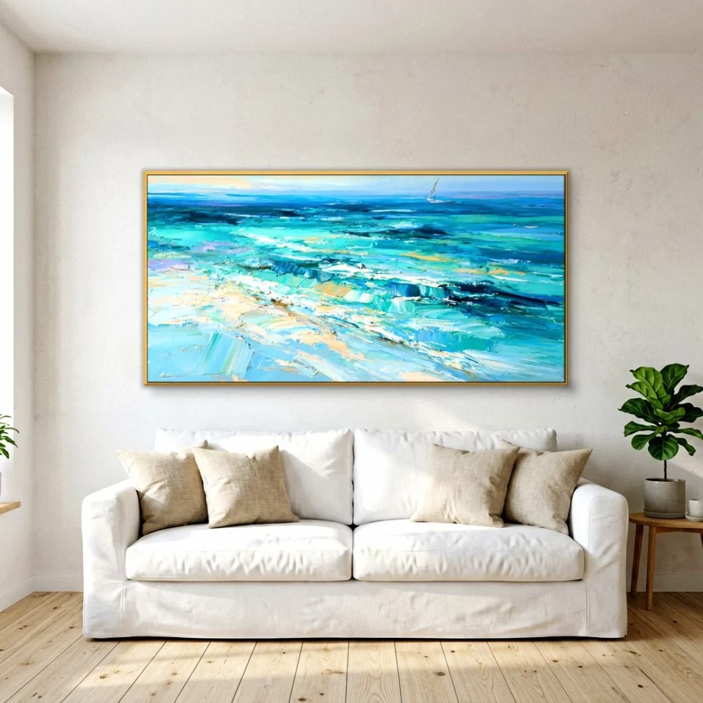 Sparkling turquoise sea impressionist oil in a bright living room