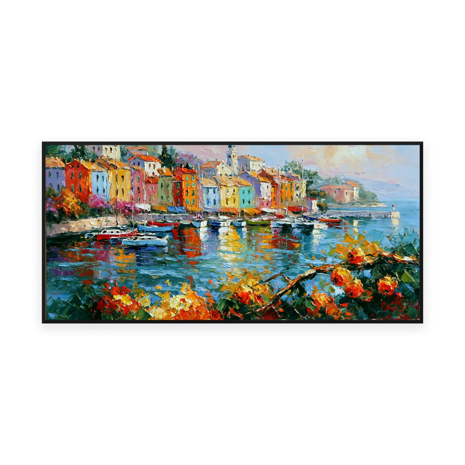 An oversized horizontal impressionist painting of brightly colored harbor houses reflected in calm water among moored boats, in vivid palette-knife strokes with flowers in front