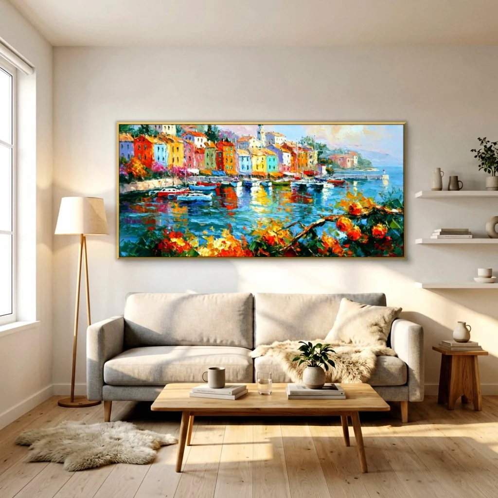 Bright harbor town and boats impressionist in a bright living room