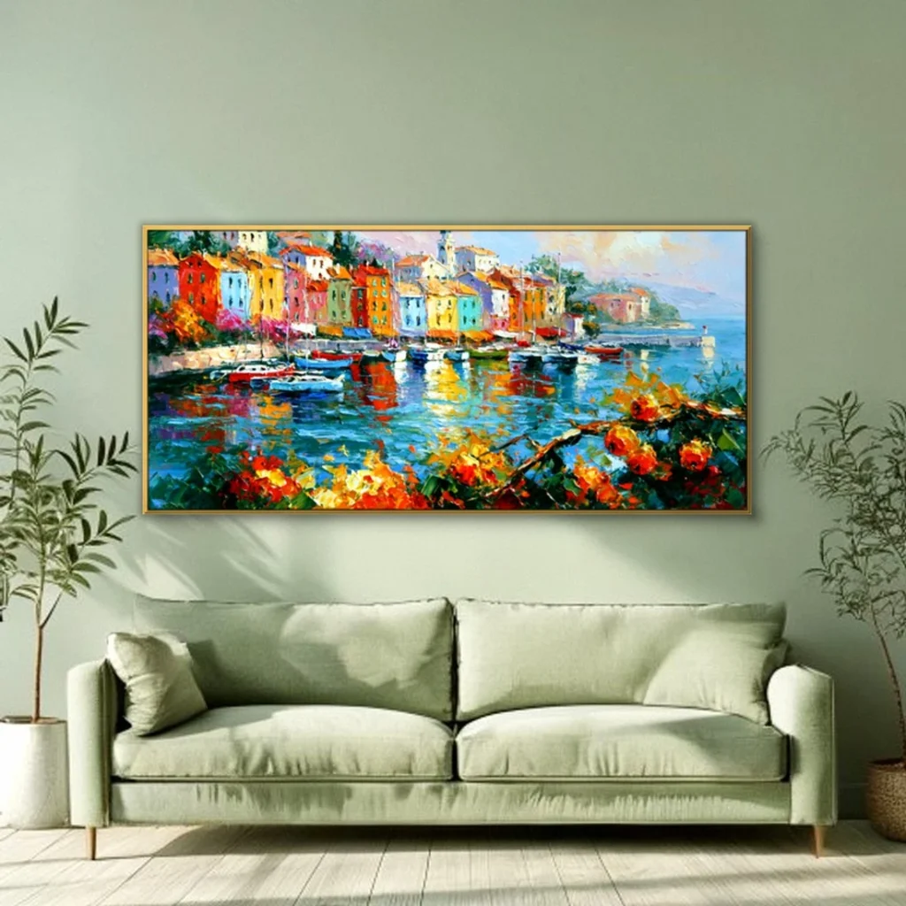 Bright harbor town and boats impressionist in a cozy living room