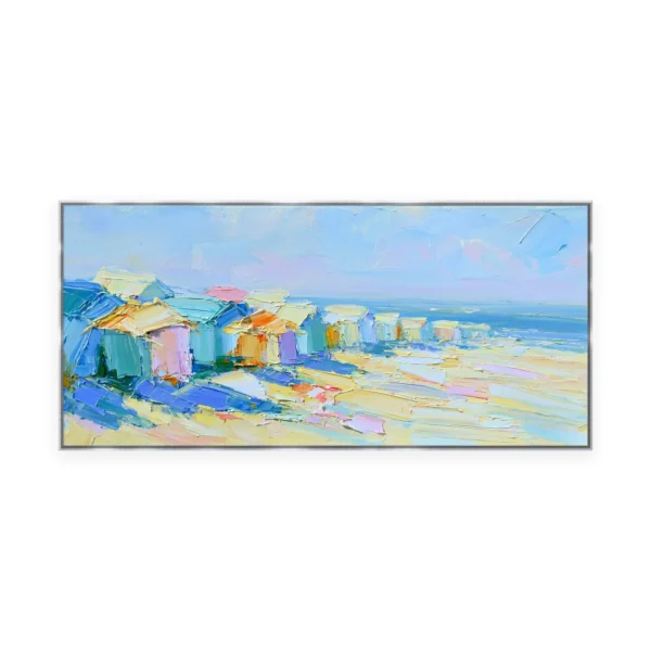 An oversized horizontal impressionist painting of a row of pastel beach huts along the shore beside calm sea under a soft sky, in gentle loose palette-knife strokes