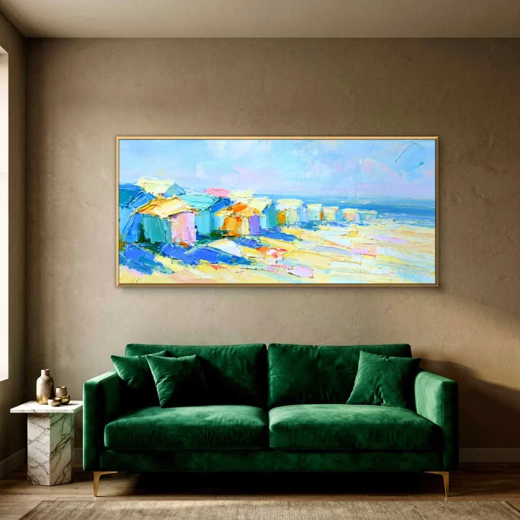Pastel beach huts by the sea impressionist in a moody living room