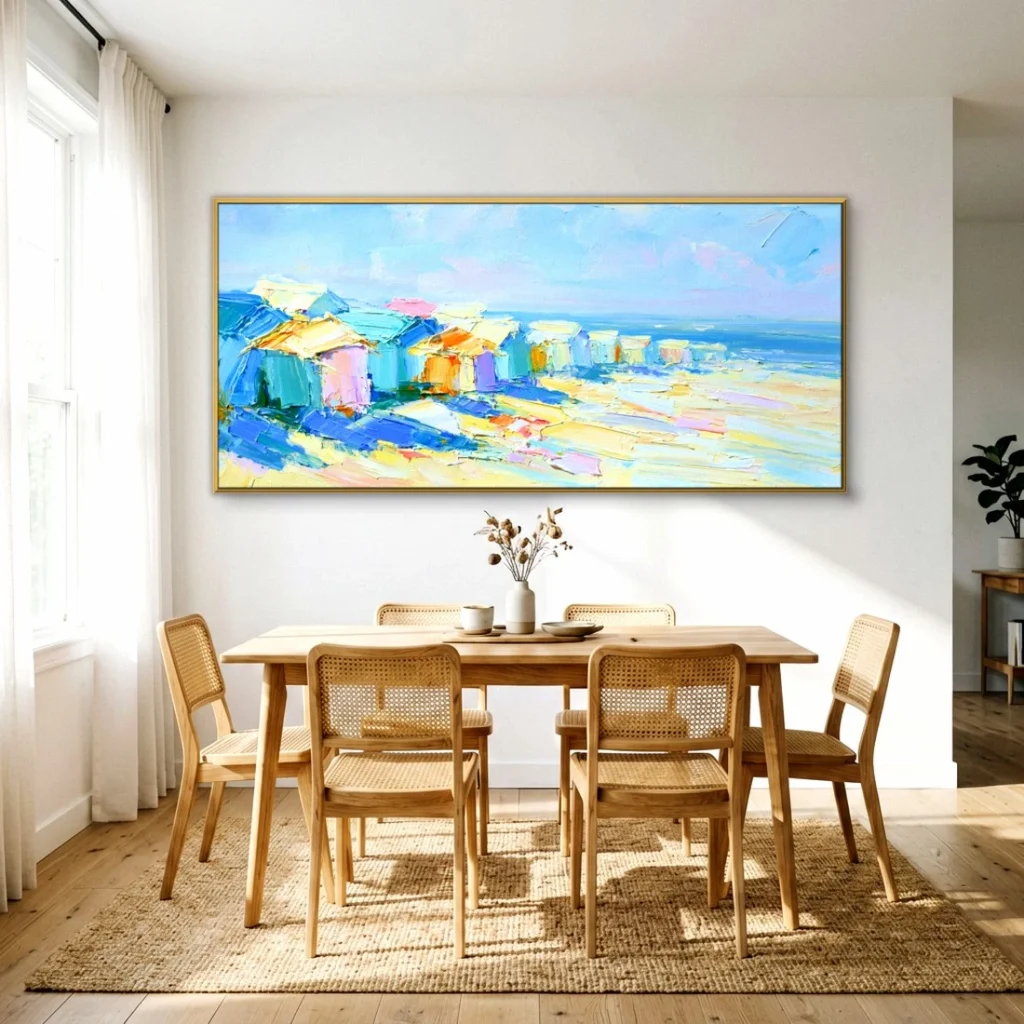 Pastel beach huts by the sea impressionist in a bright dining room