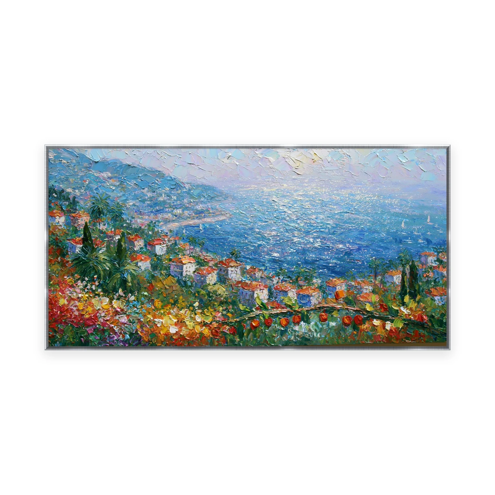 An oversized horizontal impressionist painting of a flowered hillside town overlooking a hazy blue bay, in soft palette-knife strokes