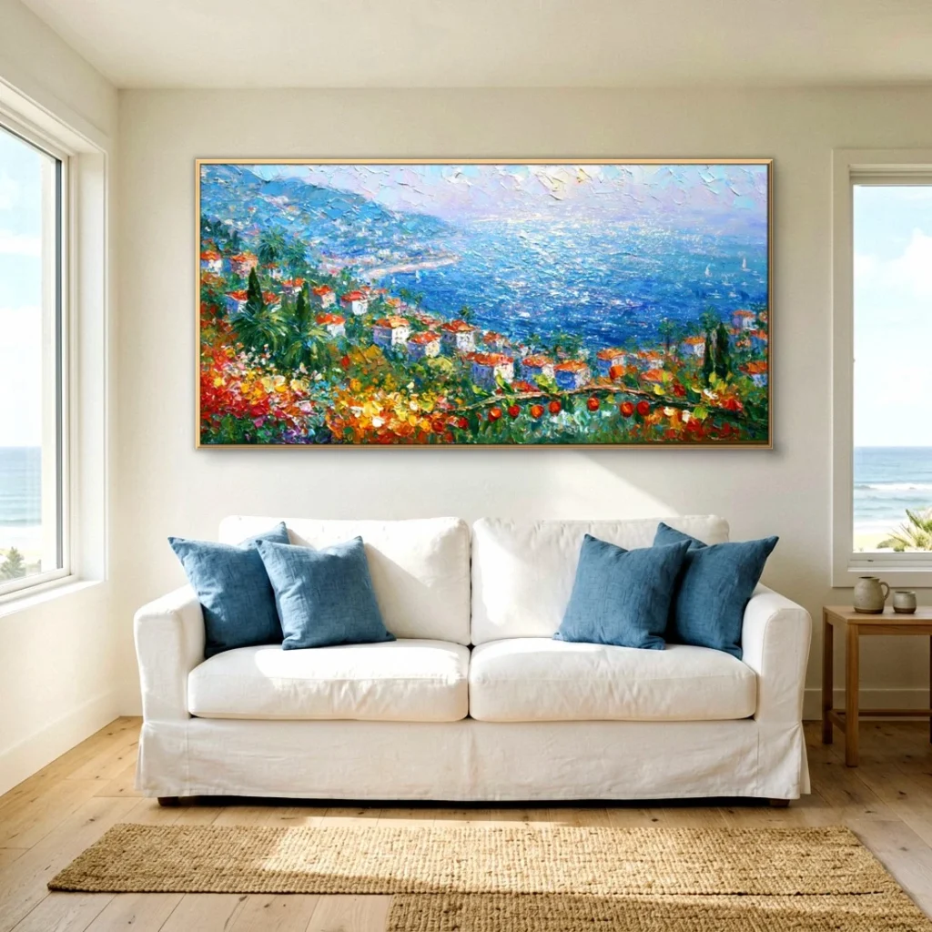 Hillside town above a hazy bay impressionist in a bright living room