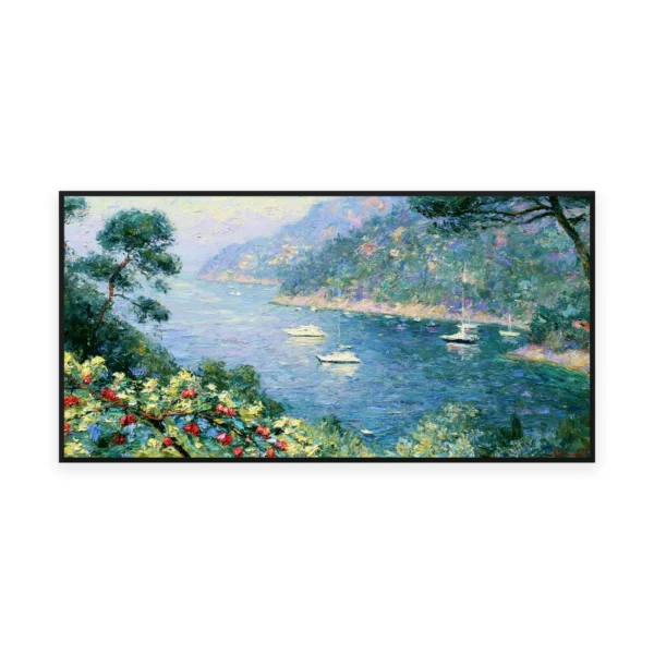 An oversized horizontal impressionist painting of soft morning light over a calm blue bay with moored boats, a flowering tree framing the view in gentle palette-knife strokes