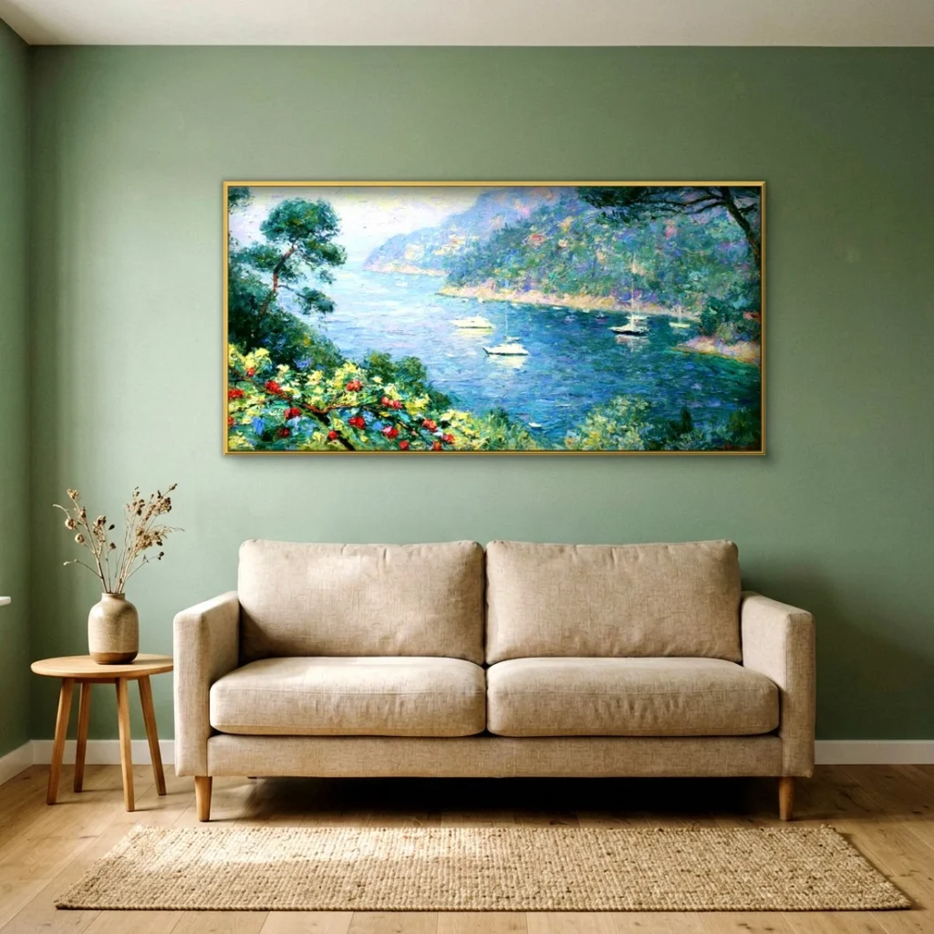 Morning light over a calm blue bay impressionist in an elegant living room