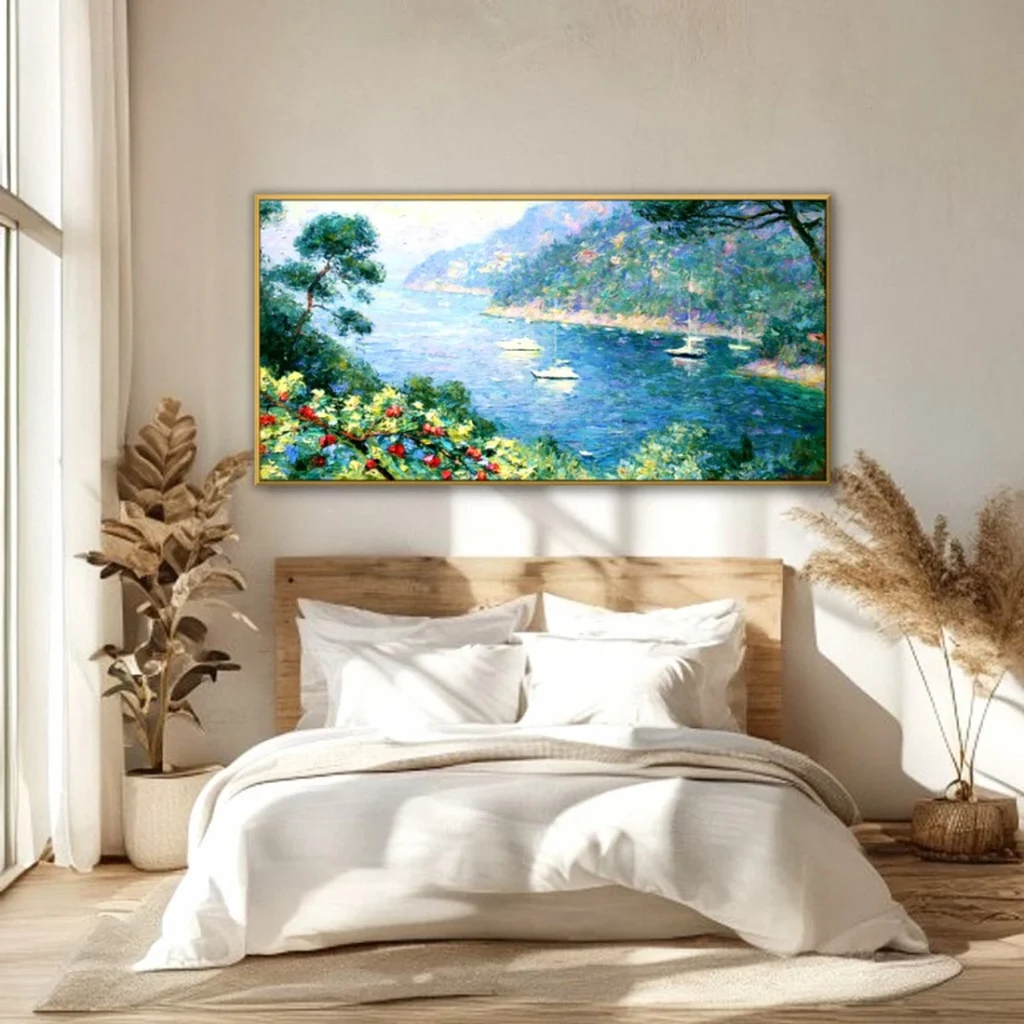 Morning light over a calm blue bay impressionist in a bright bedroom