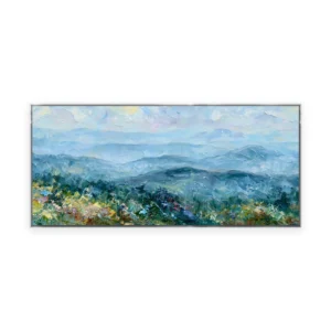 An oversized horizontal impressionist painting of layered blue mountains fading into soft morning haze above a green foreground, in gentle palette-knife strokes building the receding ridges