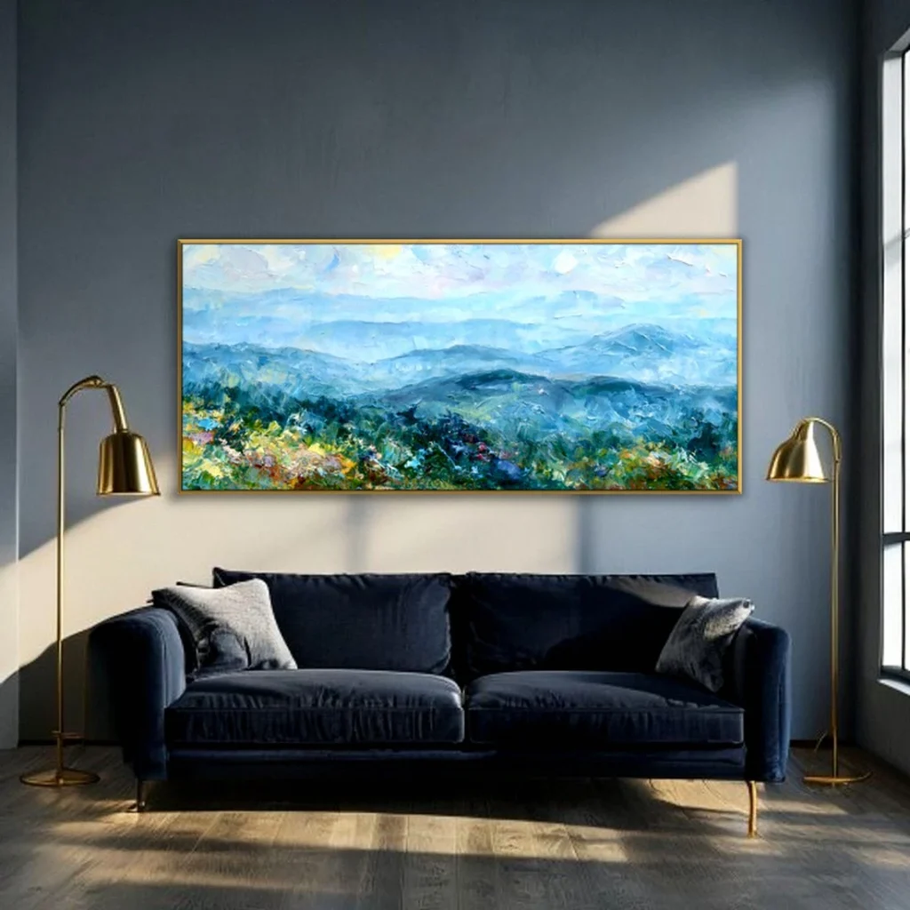 Soft blue layered mountains impressionist in a moody living room