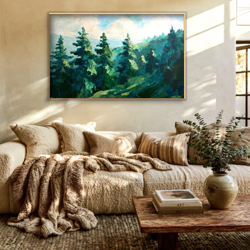 Gold-framed green pine forest painting on a warm limewashed wall lit by afternoon sun, hung above a cream boucle sofa layered with linen pillows and a knit throw, with a rustic wood table and stoneware vase.