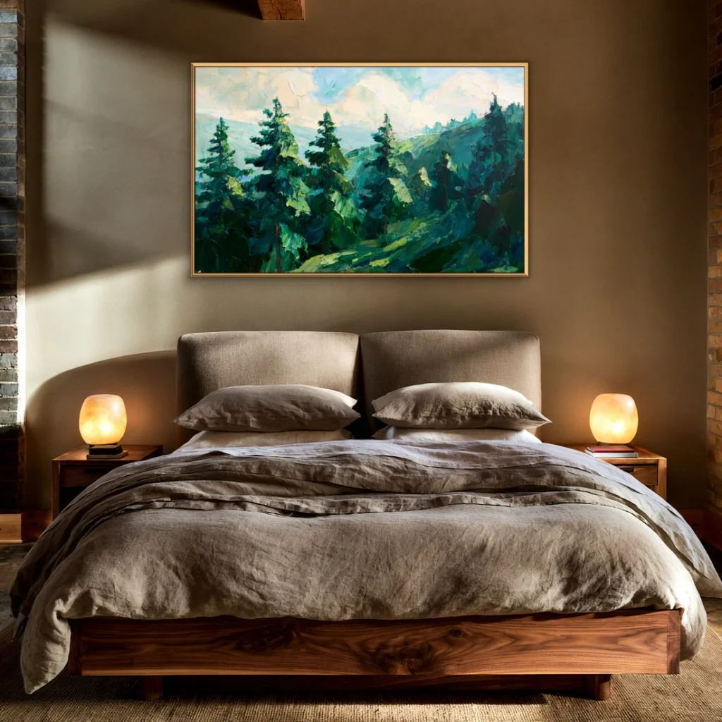 Thin gold-framed green pine forest painting on a deep brown wall in a dim bedroom, hung above an upholstered bed with gray linen bedding, flanked by wood nightstands and two warm salt-lamp glows near exposed brick.