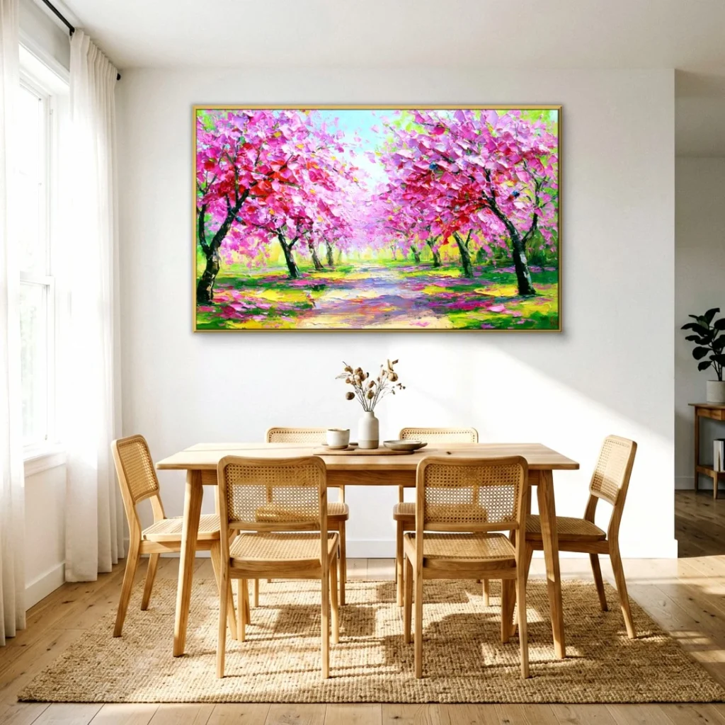 Gold-framed pink cherry blossom avenue canvas on a white wall above a light oak dining table set with rattan chairs, dried grasses in a vase, and a jute rug in a sunlit dining room.