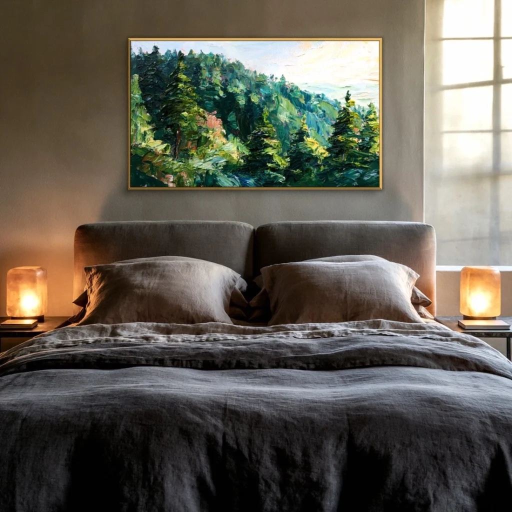 Thin gold-framed green pine ridge painting on a warm taupe wall in a dim bedroom, hung above a gray upholstered headboard and charcoal linen bedding, flanked by two warm salt-lamp cubes and a curtained window.