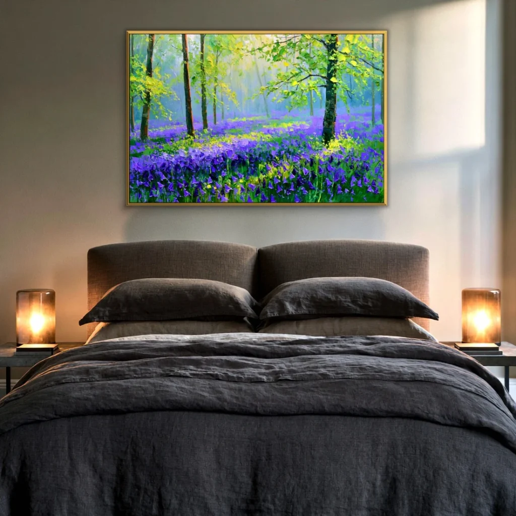 Gold-framed bluebell forest painting on a warm gray wall in a dim bedroom, hung above a brown upholstered headboard and charcoal linen bedding, flanked by two glowing frosted-glass table lamps on metal nightstands.