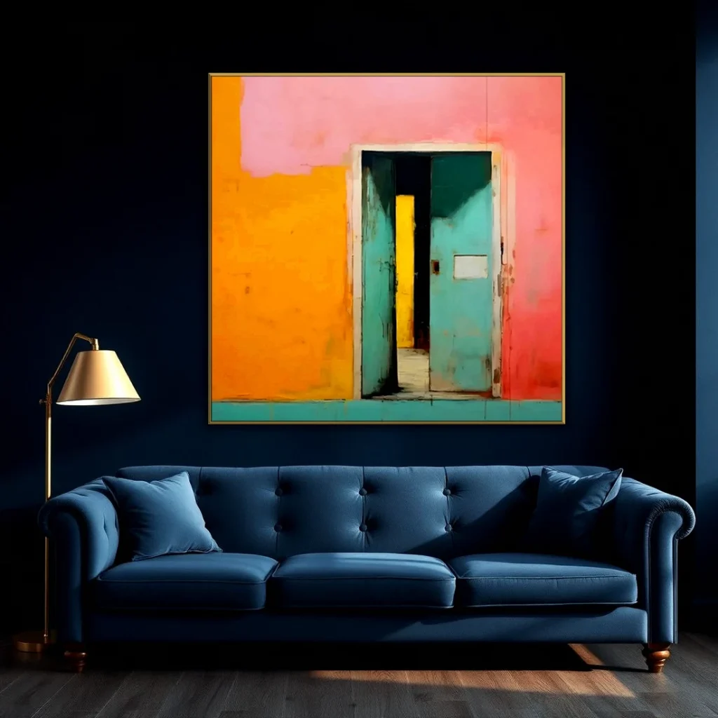 Teal door in a pink & orange wall minimalist painting MA02 shown in a styled interior