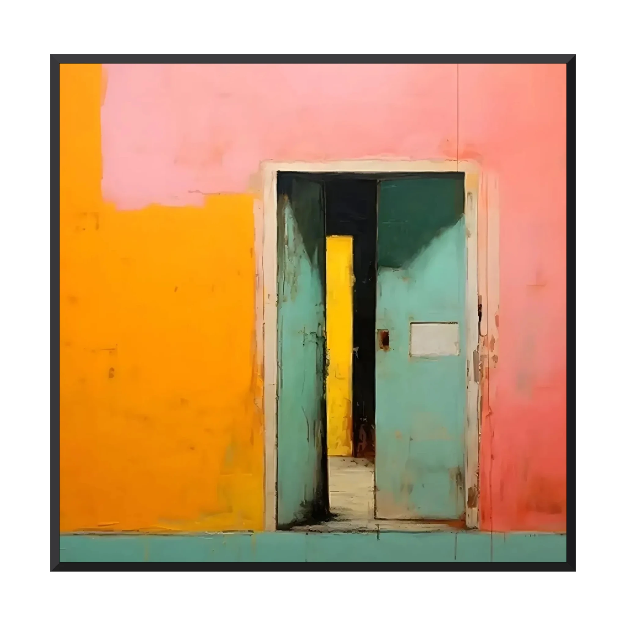 Minimalist painting of an open teal door in a pink and orange wall with a glowing yellow gap inside, framed canvas wall art in bold flat color blocks, thin wood frame