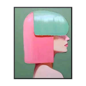 Minimalist portrait painting of a woman in profile with pink and mint block hair against a sage green background, thick acrylic paint canvas wall art in soft pastel color