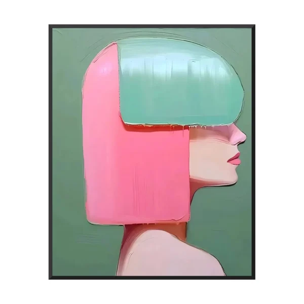 Blush pink & mint lady profile minimalist canvas painting MA06 black frame white background